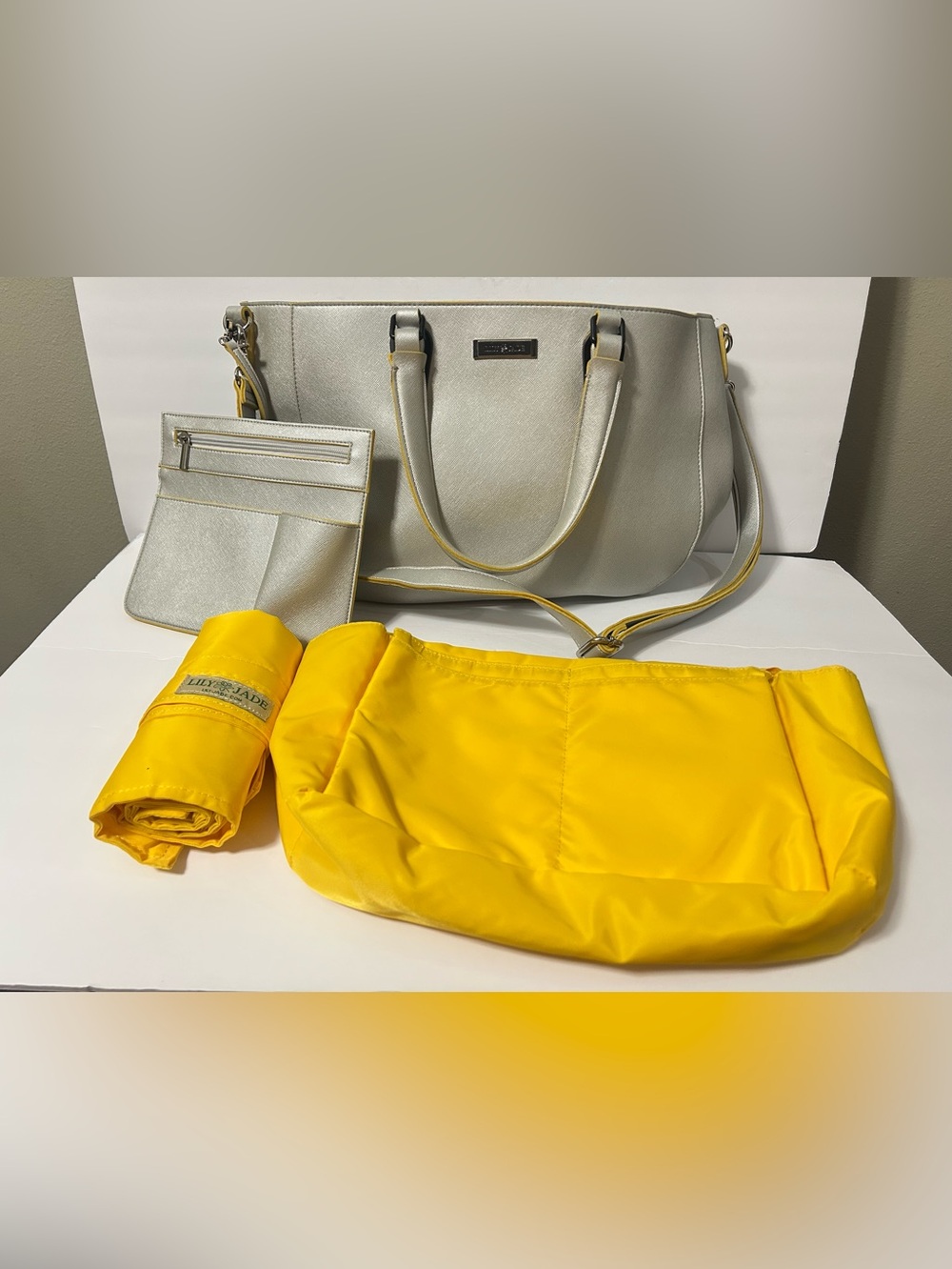Lily Jade Leather Diaper Bag Tote Silver Yellow Detachable Organizer Pockets